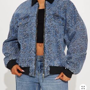 Fashion Nova Blue Leopard Print Denim Bomber Jacket